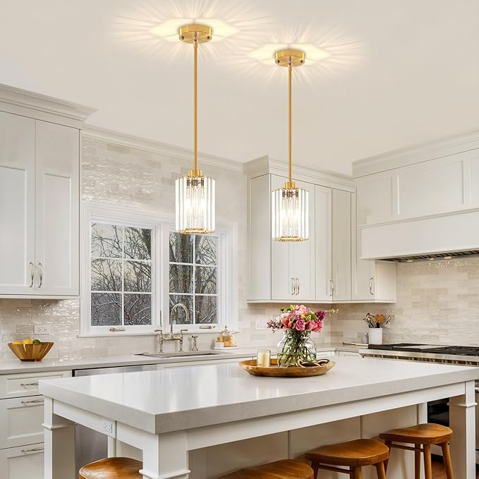 2-Pack Brushed Gold Pendant Lights Kitchen Island Modern Crystal Hanging Pendant Light Hexagonal Mini Chandelier Adjustable Hanging Kitchen Lights for Dining Room Hallway Bedroom Entryway Pendant Lamp