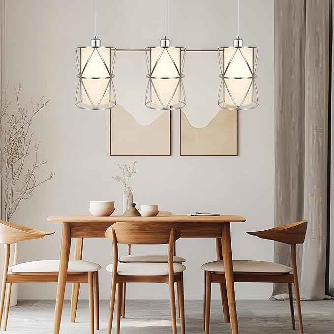 Modern Pendant Lights Kitchen Island - Adjustable Height Brushed Nickel Kitchen Pendant Lights with Linen Shade, UL Certified Pendant Lighting for Dining Room, Entryway