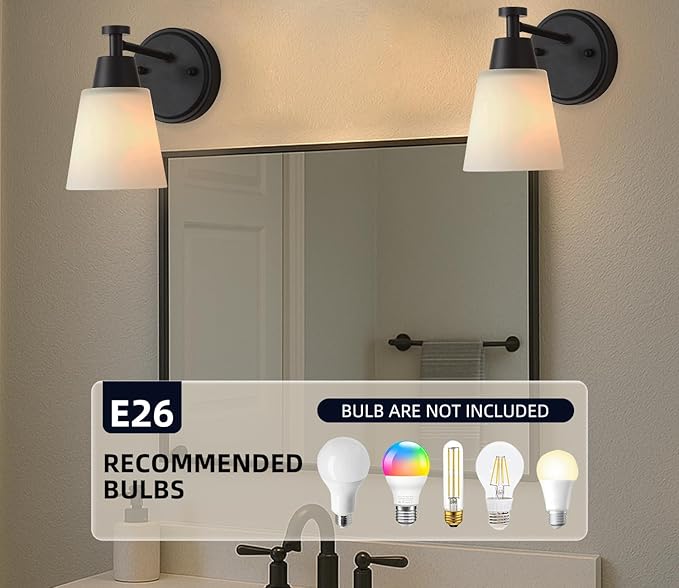 Wall Light Fixtures 2 Pack, Matte Black Vanity Lights with Milk Glass Shades, Modern Farmhouse Wall Sconces for Gallery, Mirror, Bedroom, and Bathroom