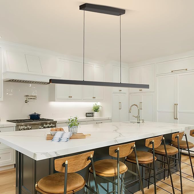 Modern Ceiling Pendant Lights,71in LED Black Linear Chandelier with Remote Control 3000k-6000K Adjustable Color Temperature,Island Lighting Hanging Light for Kitchen,Dining Room,Living Room