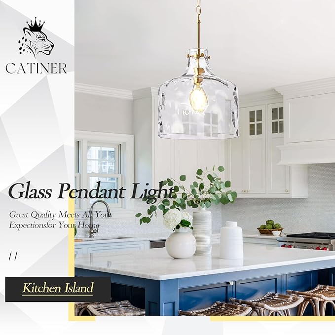 CATINER 16" Extra Large Farmhouse Pendant Light – Hand-Blown Hammered Glass Shade, Gold Finish, Adjustable Chain Ceiling Light for Kitchen Island, Dining Room, Hallway