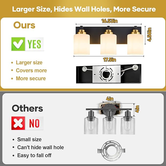 Vanity Lights for Bathroom, 3-Light Black and Gold Bathroom Vanity Light Over Mirror with Milky White Glass Shades, Modern Bathroom Light Fixtures for Living Room Hallway Cabinet (Bulbs Not Included)