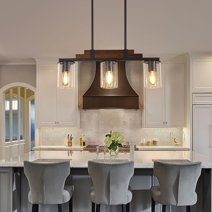 Farmhouse Wood Kitchen Island Lighting, 3-Light Adjustable Chandelier for Dining Room, Seeded Glass Shade Dining Room Light Fixture Over Table, Black Hanging Pendant Lights for Kitchen, Pool Table