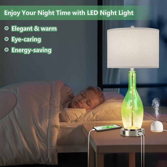 BesLowe 26in Tall Glass Table Lamps Set of 2 with 2 USB Charging Ports & LED Nightlight, Large Coastal Table Lamps for Living Room End Table, Modern Beach Lamps for Bedroom Bedside Nightstand, Green