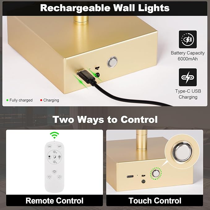 Battery Operated Wall Sconce Set of Two with Remote Control, 3000K-6000K Dimmable Gold Wall Lights, Timable LED Wireless Wall Sconces, 350° Ratate for Bathroom, Living Room, Hallway 39.4 Inch