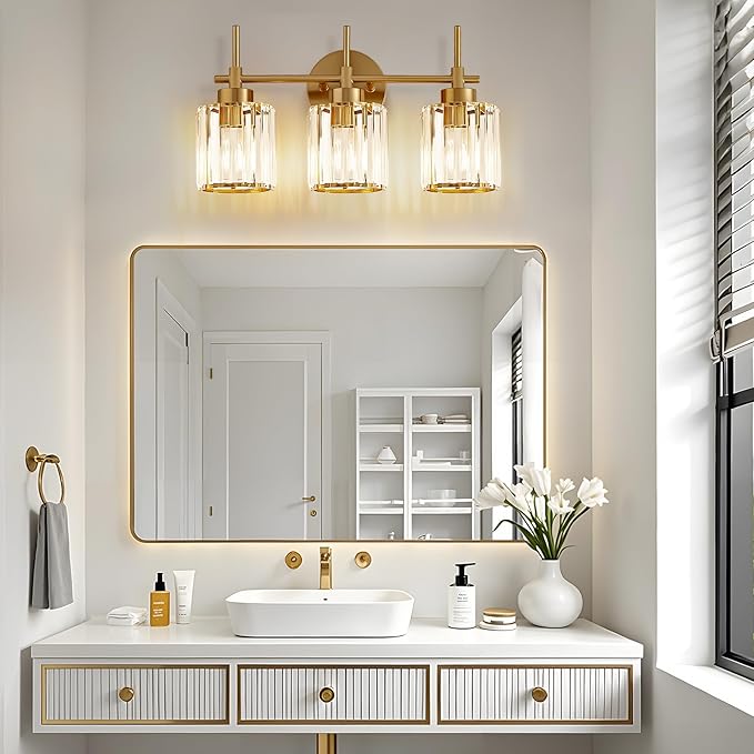 EJIAXIN Bathroom Lighting Fixtures, 3 Light Gold Bathroom Light Fixtures with Clear Shades Modern Crystal Vanity Light Bath Room Vanity Lighting Over Mirror Wall Light
