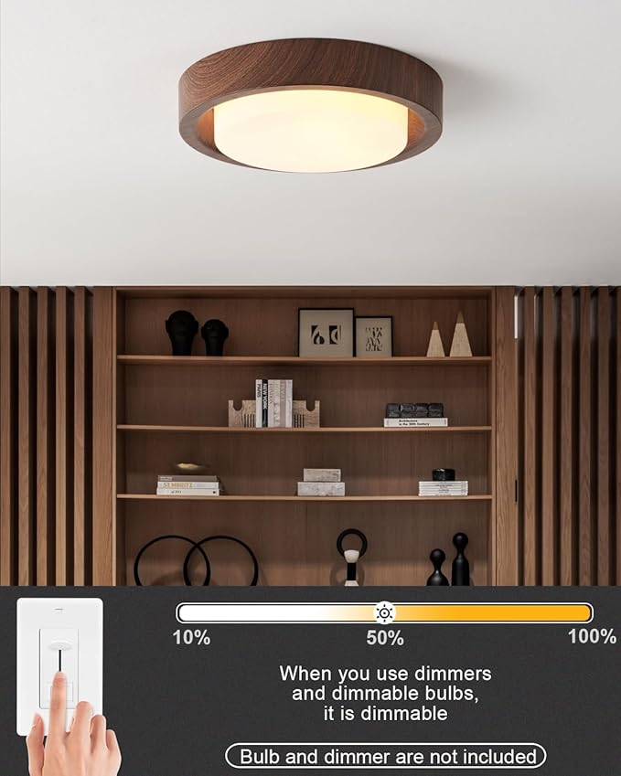 Walnut Wood Flush Mount Ceiling Light Fixture,16 Inch Ceiling Light with Frosted Glass Shade,High Deep Profile Round Ceiling Lights for Hallway Bedroom Closet Livingroom