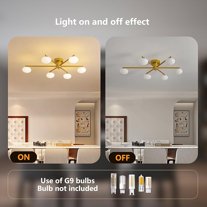 Modern Semi-Flush Mount Ceiling Light with 6 Opal Glass Shades, 39" Gold Sputnik Chandelier,Mid-Century Vintage Style, Ideal for Living Room, Dining Room, Bedroom, Cafe & Hotel