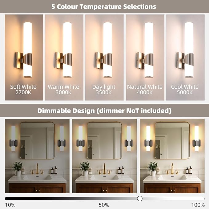 Wall Sconces Set of Two Brushed Nickel 5CCT Dimmable Bathroom Sconce with Acrylic Shade LED Hardwired Wall Light Fixtures for Bathroom Living Room Bedroom Hallway, 2 Packs