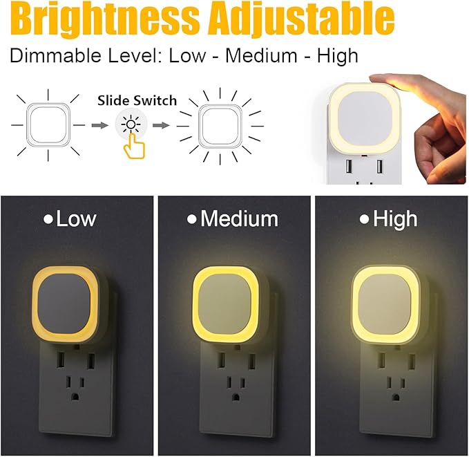 YUNLEX 2 Pack Warm White Night Light, Gentle Eye-Care with Dimmable Soft Glow & Indirect Reflection, Auto Dusk to Dawn Sensor, Plug in Nightlight for Nursery, Kids Room, Bedroom, Hallway