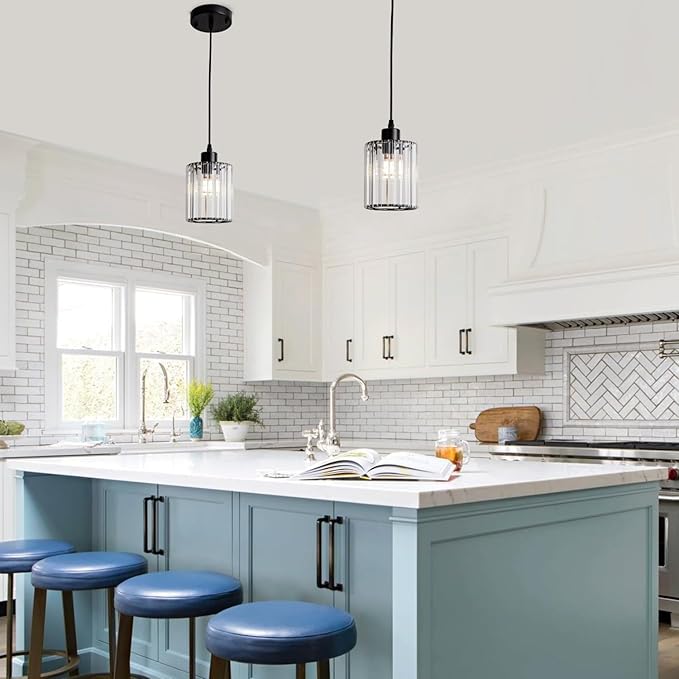 Black Pendant Lighting 2 Pack Modern Crystal Mini Chandeliers Vintage Rustic Farmhouse Pendant Lights for Kitchen Island Dining Room Bedroom