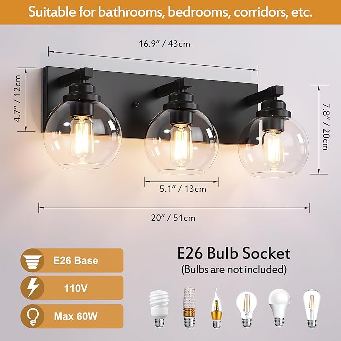 LmnLvn Bathroom Light Fixtures, 3-Light Matte Black Vanity Lights, Modern Bathroom Lighting Fixtures Over Mirror, Farmhouse Vanity Lights with Glass Shade for Living Room, Bedroom, Hallway