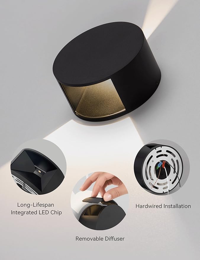 Tubicen Wall Sconce Black Round Wall Lights Beam-Adjustable LED Dimmable Movie Theater Bedroom Sconce Lighting Up Down Hardwired Indoor Small Wall Lights for Living Room Hallway Stairway 6W 3000K