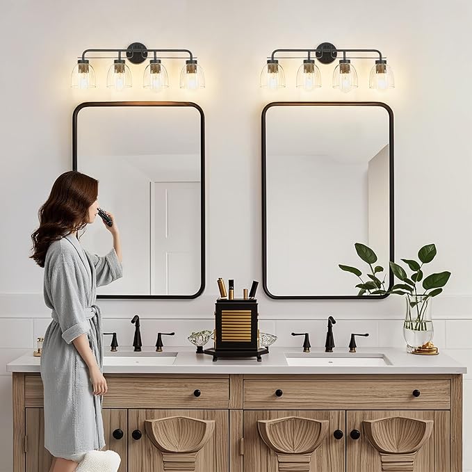 28 Inch Vanity Lights, 4-Light Black Modern Industrial Bathroom Light Fixtures with Vintage Bell Bubble Glass Shade, Wall Sconce for Bathroom Mirror, Bedroom, Hallway