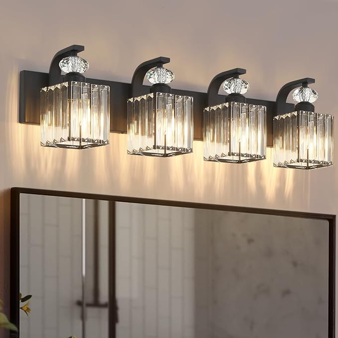 Modern Bathroom Vanity Light, 4-Light Black Bathroom Lighting Fixtures Over Mirror, 28.4" Crystal Wall Light Sconce for Bathroom/Bedroom/Vanity, Includes LED Bulbs, Easy Installation