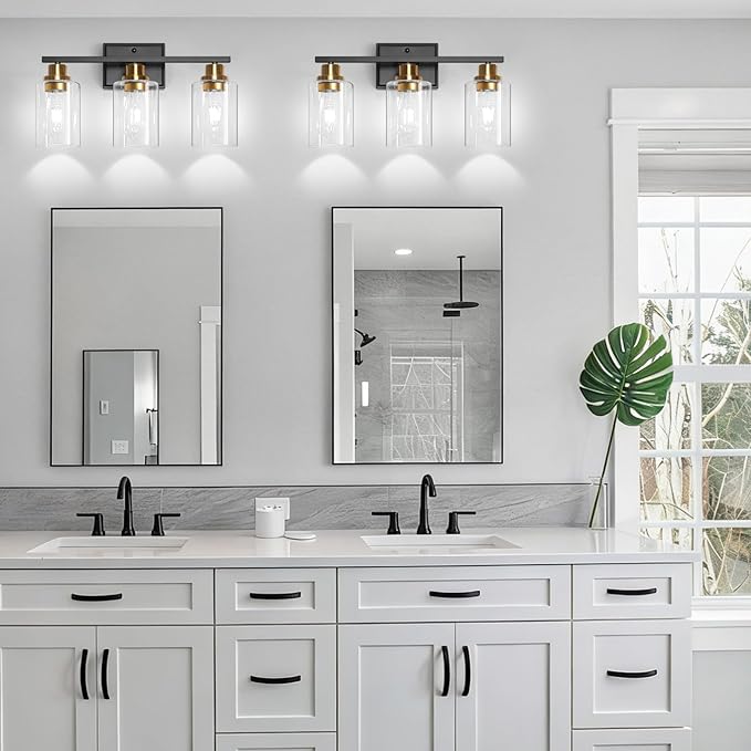 Unicozin 3 Light Bathroom Light Fixtures, Modern Vanity Lights Over Mirror, Black and Gold Wall Lamp with Clear Glass for Living Room Cabinet Bedroom Porch