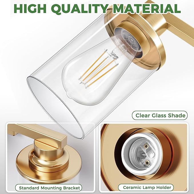 DORESshop 20 Inch Bathroom Light Fixtures, 3-Light Brass Bathroom Lighting Fixtures Over Mirror with Clear Glass Shade, Vanity Lights for Living Room Bedroom, ETL Listed