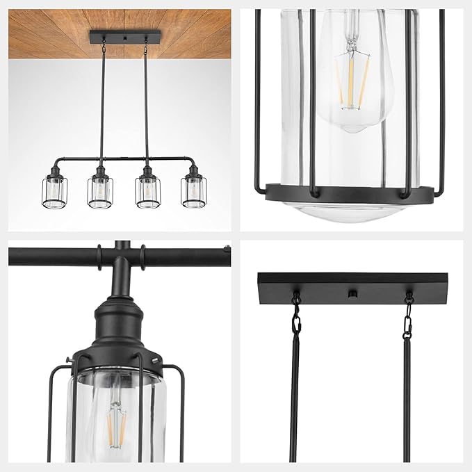 Prominence Home Lincoln Woods 4 Light Matte Black Industrial Kitchen Island, Pendant Light with Cage and Clear Glass - 51547-01