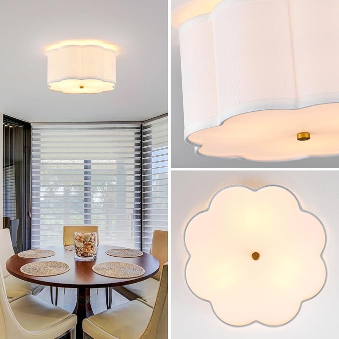 12.99“ Semi Flush Mount Ceiling Light Fixture Modern 3-Lights Gold Drum Ceiling Lighting Vintage Linen Ceiling Lamp for Laundry Room, Kitchen, Basement, Dining Room, Bedroom