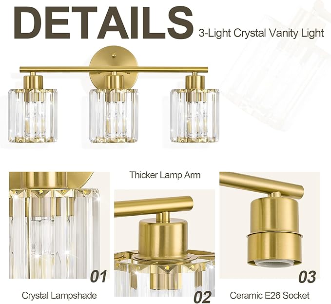 Crystal Bathroom Light Fixtures, Bathroom Lighting Fixtures Over Mirror, Modern 3-Light Gold Vanity Lights for Mirror, Restroom, Kitchen(Ceramic E26 Socket,Bulbs Not Include)
