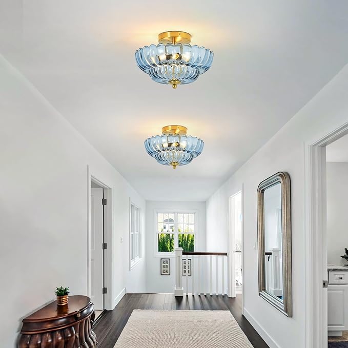 11.8 inch Kitchen Ceiling Light, 3-Light Semi Flush Mount Ceiling Lamp with Flower Glass, Modern Close to Ceiling Light Fixtures for Bathroom Bedroom Hallway Entryway, Blue