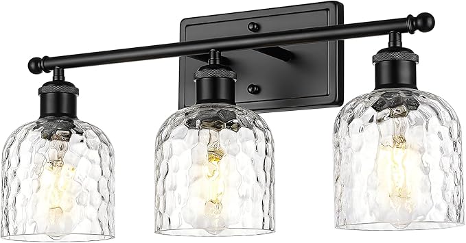 zeyu Bathroom Black Vanity Light, 21'' Black Bathroom Light Fixture 3 Light, Modern Vanity Lamp with Clear Hammered Glass, ZJF63B-3W BK