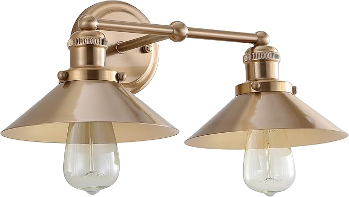 JONATHAN Y 17.5" Brass Gold 2-Light Industrial Farmhouse Metal Vanity Light Wall Sconce, Metal Shade for Bathroom Mirror, Kitchen, Entryway, LED Bulb Included (JYL7430A)