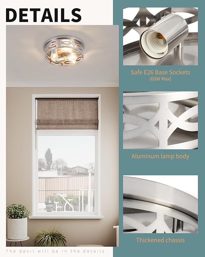 Brushed Nickel Flush Mount Ceiling Light Fixtures,3-Light Modern Hallway Light Fixtures, 13 inch Light Fixture Ceiling Mount for Kitchen, Farmhouse,Bedroom 2 Pack