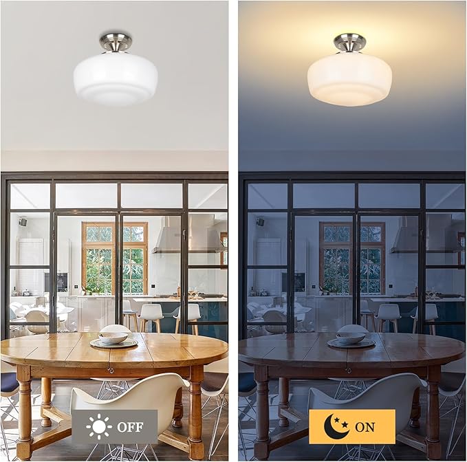 Large Schoolhouse Style Semi Flush Mount Ceiling Light Fixture, 14" Modern Hallway Ceiling Lamp with Opal Milk Glass Shade, Farmhouse Globe Light for Bedroom Kitchen Hallway Entryway, ROS588L SN