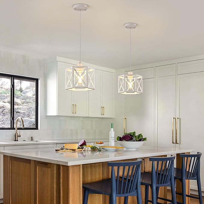 XSDeTu 2 Pack Pendant Lights for Kitchen Island, Modern Pendant Lighting with White Hexagonal Cage, Vintage Metal Ceiling Lights, Adjustable Lantern Hanging Light Fixture for Foyer Entryway Bedroom