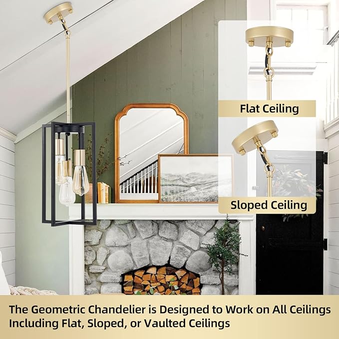 Industrial Farmhouse Pendant Lights,Rectangle 3-Light Modern Black and Golden Chandelier,Geometric Metal Cage Adjustable Rods Pendant Lighting Fixture for Kitchen Island Dining Room Living Room Foyer