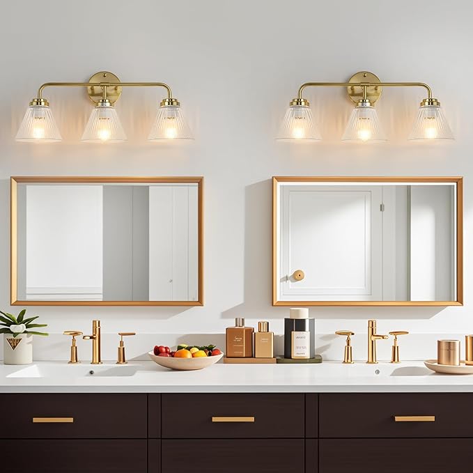 Modern Bronze Bathroom Vanity Light, 3-Light Wall Sconce with Clear Ribbed Glass Shades, Farmhouse Industrial Light Fixture for Bathroom, Vanity Mirror, Powder Room, Hallway (bronze, Eletroplate, 3)