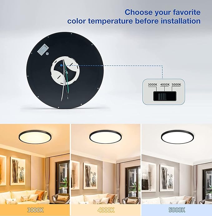 CycevSun 12 Pack Black Flush Mount Ceiling Light, Dimmable & 3000K-4000K-5000K Selectable, 12 Inch 20W,Bright 2000LM, Low Profile, ETL