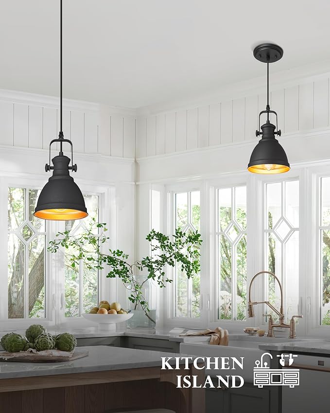 Pendant Lights, Minimalist Pendant Lighting for Kitchen Island, Hanging Light Fixtures with Black Metal, 3-Pack, AD-2151-1P3
