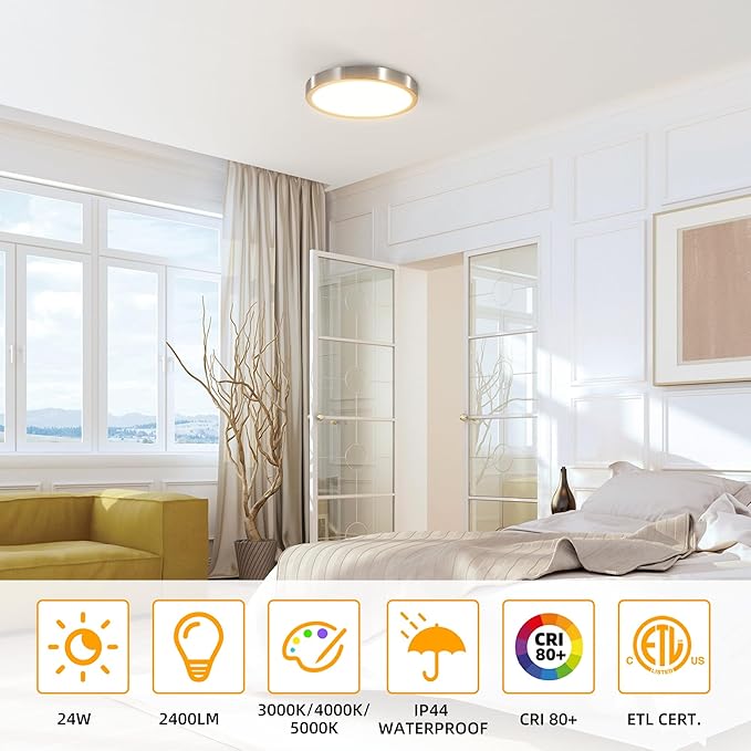 Hlite 6pack 12 inch Flush Mount LED Ceiling Light Fixture,24W 2400LM Super Slim Light Fixtures Ceiling Mount 3000K/4000K/5000K 3CCT Selectable,Light Fixtures for Kitchen,Bedroom (Nickel)