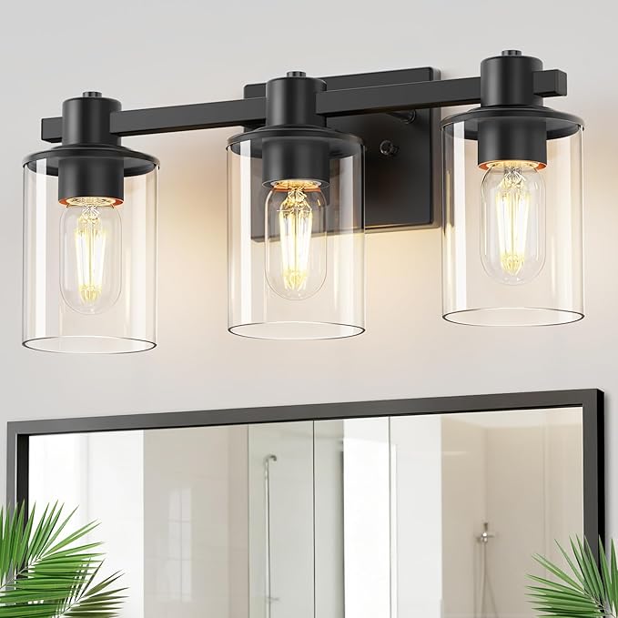 DORESshop 20 Inch Upgraded Bathroom Light Fixtures, 3-Light Black Bathroom Lighting Fixtures Over Mirror with Clear Glass Shade, Vanity Lights for Bathroom Living Room Bedroom, ETL Listed