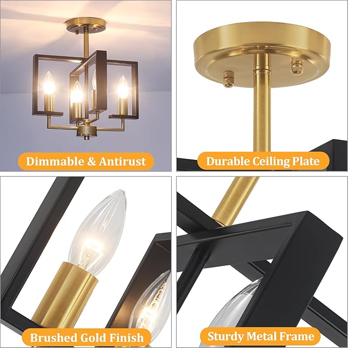 TOULMJ 4-Light Semi Flush Ceiling Light, Black Gold Ceiling Light Fixture, Farmhouse Light Fixture for Kitchen Island Hallway Entryway Laundry Room Bedroom