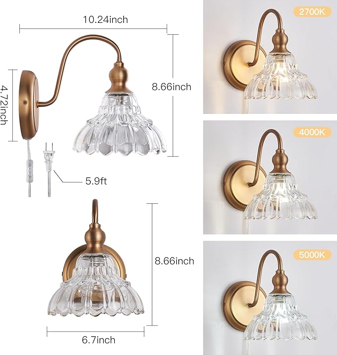 Plug in Vintage Wall Sconces Set of Two Brass Modern Wall Light Fixtures Antique Vanity Lights for Living Room Fireplace Bathroom Bedroom Coffee Room