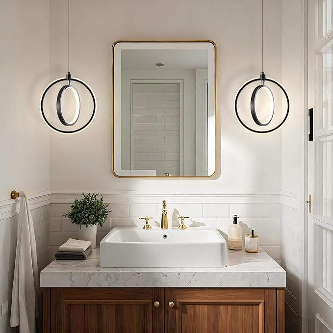 Modern LED Pendant Lights, 2 Pack Ring Pendant Light Fixtures for Kitchen Island, 3000K Warm White Pendant Lighting for Dining Room, Living Room, Bedroom, Bathroom