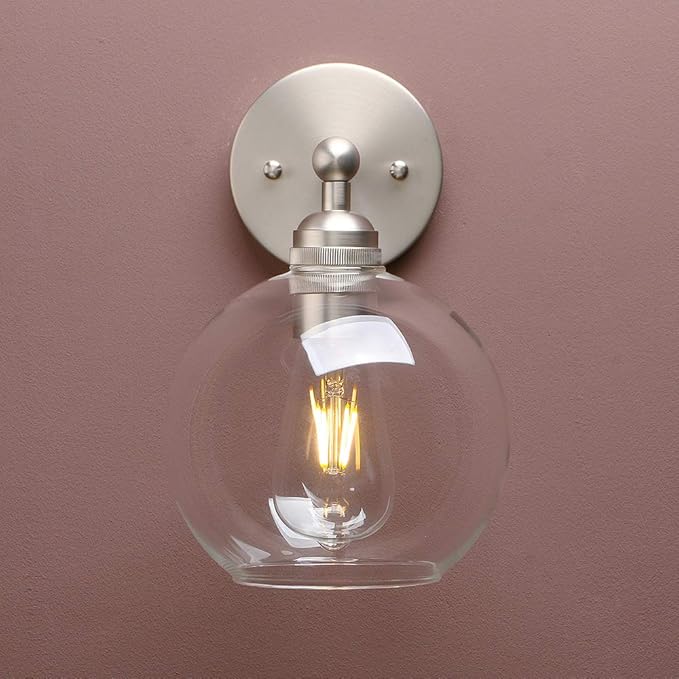 Yosoan Brass Boho Vanity Bathroom Wall Sconce, 1-Light Indoor Hardwired Wall Mounted Vintage Industrial Fixture Lights with Double Hole Round Glass Lamp for Mirror, Living Room, Hallway(Brushed)