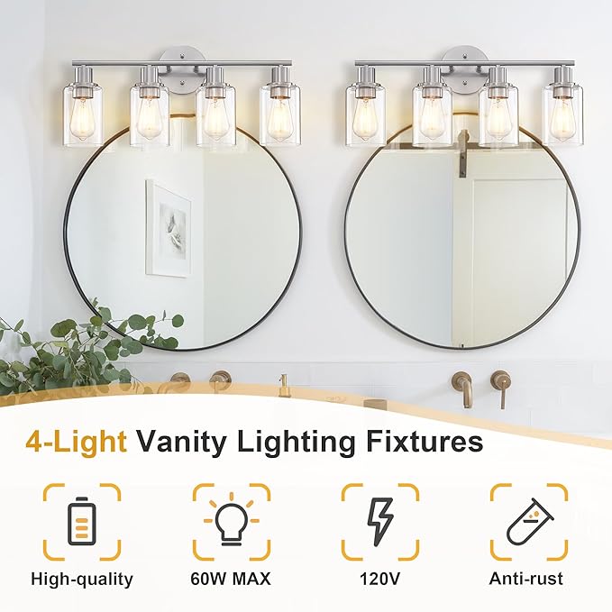 Pia Ricco Bathroom Vanity Light Fixtures, 4-Light Bathroom Wall Lights with Clear Glass Shades, Modern Wall Sconce Over Mirror, Bath Wall Sconces for Mirror Living Room Bedroom Hallway