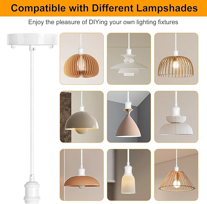 Upgraded White Pendant Light kit, UL E26/E27 Lamp Socket with Aluminium Enclosure Pendant Light Cord, Industrial Hanging Light Cord Kit with Adjustable Length, Mini Edison Retro Lamp Socket