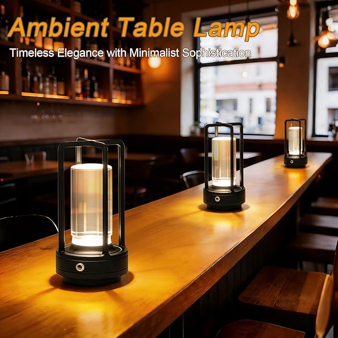 Rechargeable Table Lamp Cordless, 3 Color | Crystal | Stepless Dimming, for Dining Room, Living Room, Bar, Cafe, Restaurant, Patio, Camping, Pack of 2 (Black)