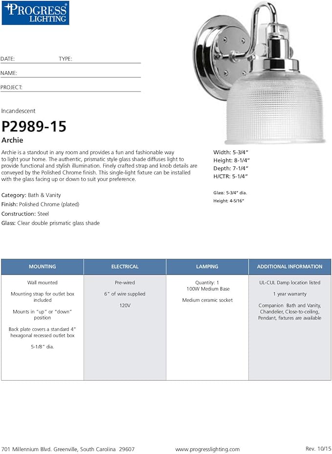 Progress Lighting P2989-15 Archie Collection Clear Double Prismatic Glass Coastal Bath Vanity, 1-Light, Polished Chrome