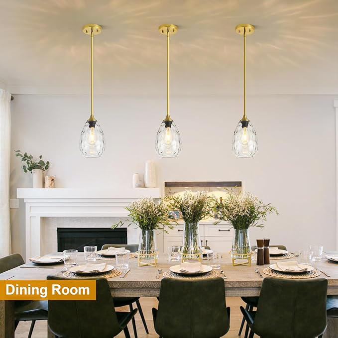 Glass Pendant Lights Kitchen Island, 6.3in Small Modern Gold Pendant Light Fixtures with Hammered Clear Glass, Hanging Lighting for Kitchen Over Sink Dining Room Bedroom