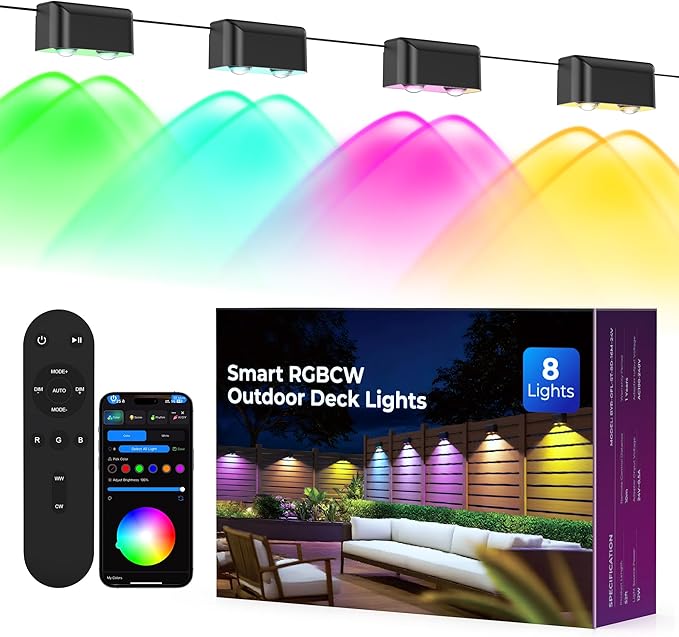 Outdoor Deck Lights, 8 Lights Smart Fence Lights Compatible with Alexa & Google Home, IP65 LED Patio Deck Lighting with Remote, Fence Lighting Music Sync for Patio Yard Garden(52.4ft)
