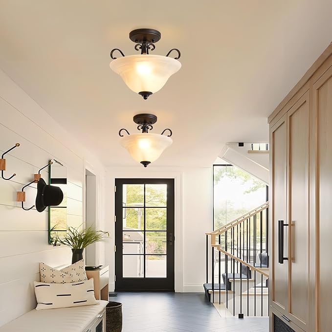 Luvkczc Retro Semi Flush Mount Ceiling Light,Black Ceiling Light Fixture, Mid Century Ceiling Light Modern Glass Close to Ceiling Light for Bedroom Kitchen Porch Hallway,Bulbs Not Included