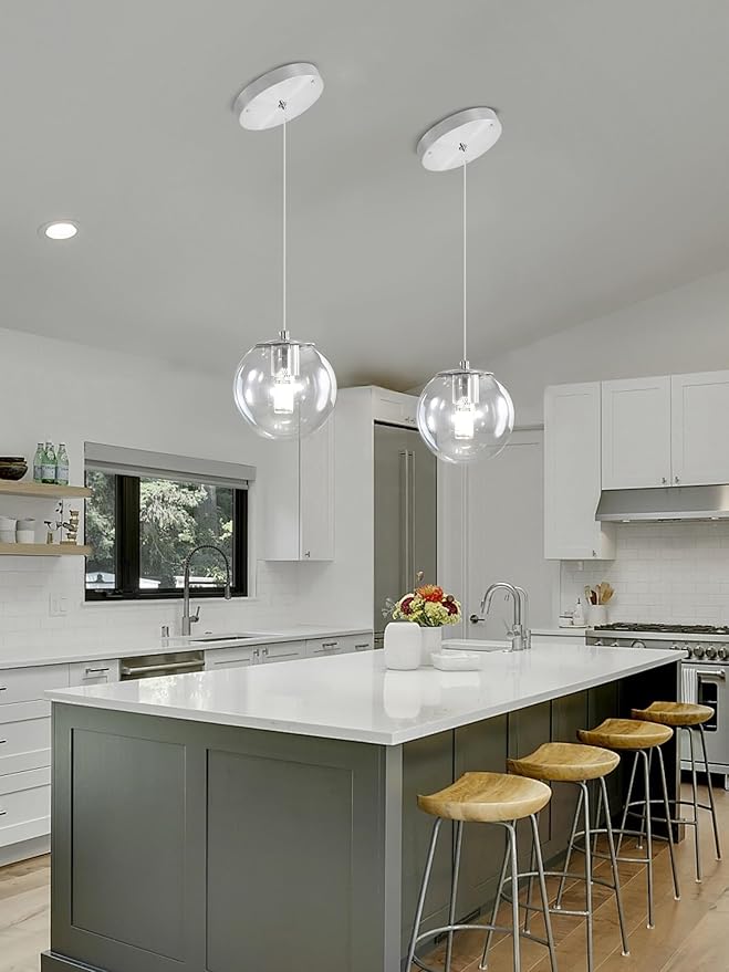 ykolupty 1 Light Globe Pendant Light for Kitchen Island Silver Pendant Light Fixtures with Clear Glass Globe Hanging Lights for Bedroom,Hallway,Bar