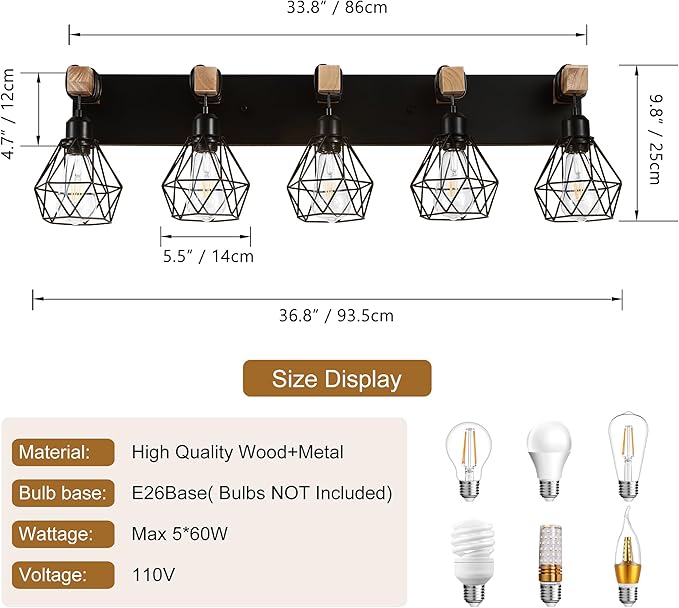 Farmhouse Vanity Light for Bathroom, 5-Light Wood Bathroom Vanity Light Fixtures Over Mirror, Rustic Sconces Wall Lighting with Metal Lampshade for Living Room, Bedroom, Hallway