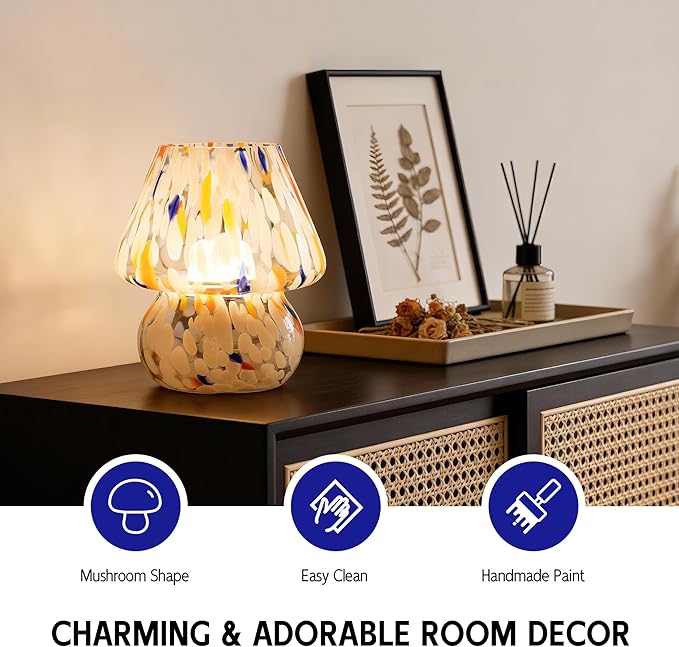 ULAROOM Cordless Mushroom Lamp-Modern Small Battery Operated Table Lamp with Timer for Home Decor,Aesthetic Glass Battery Powered Lamp for Bedroom/Kitchen/Living Room/Shelf Decor(White&Blue)